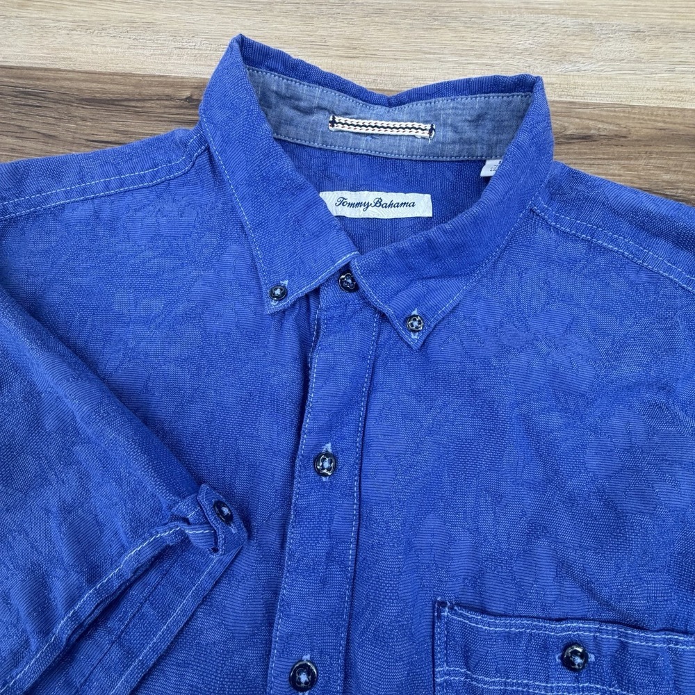 Tommy Bahama Floral Palm Hawaiian‎ Tropical Button Up Camp Shirt L Blue Cotton